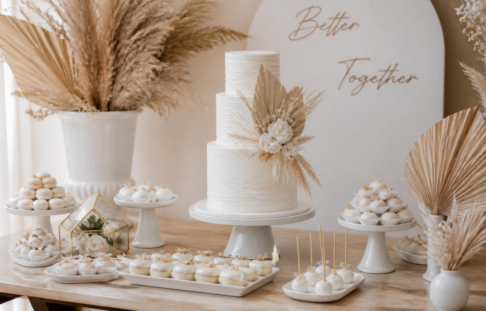 Mesa de doces para casamento decorada com pampas e flores