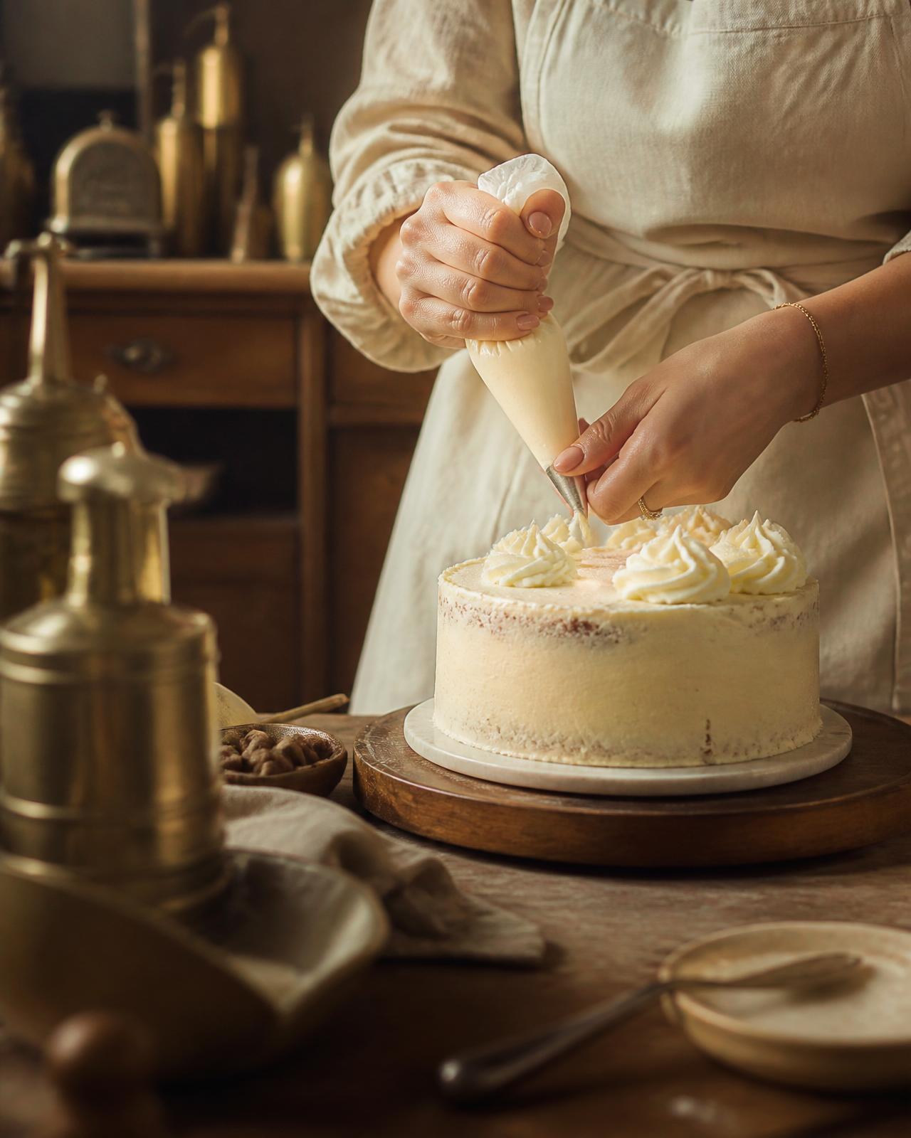 Mãos da confeiteira finalizando um bolo com chantilly